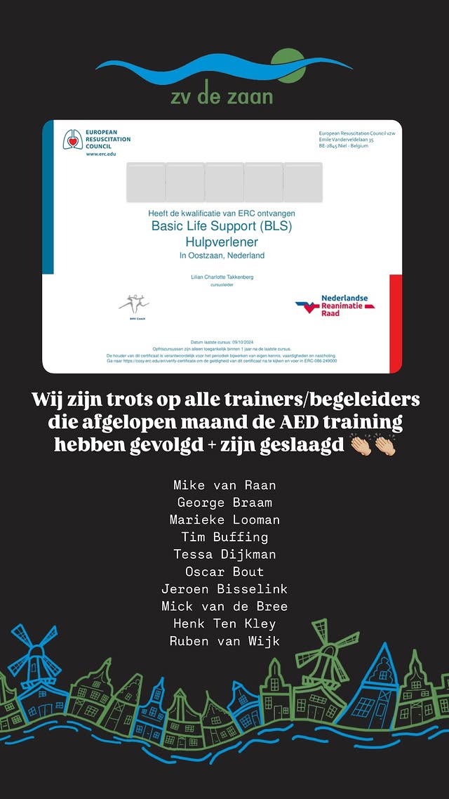 ZV de Zaan trainers en begeleiders zijn getraind in reanimatie en AED. !